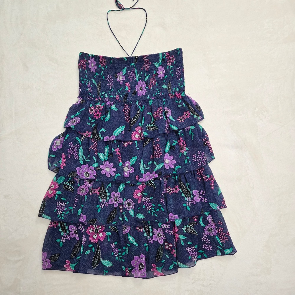 American Eagle Floral Paisley Tiered Ruffle Halter Dress Navy Blue Womens Large